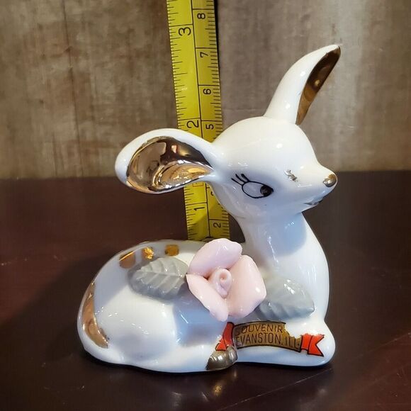Handpainted Porcelain Deer Fawn Figurine White Gold Rose Vintage Chase Japan MCM - Picture 7 of 8